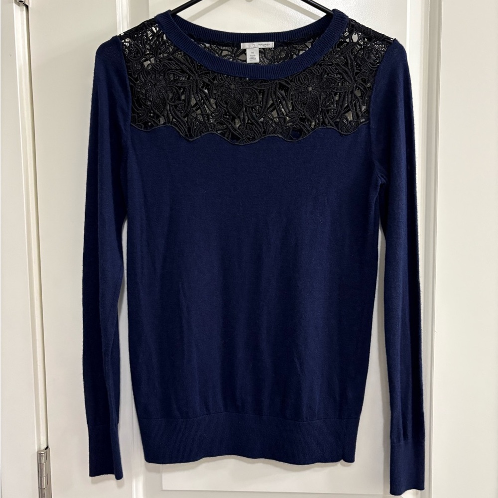 Halogen Blue Sweater with Black Lace Overlay Cashmere Blend Sweater